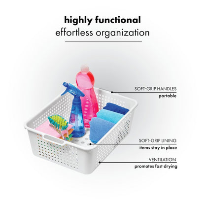 madesmart Medium Storage Basket, Multipurpose Organizer with Soft-Grip Handles, Ventilated Design for Laundry, Bath & Kitchen Storage, White, 14 x 10 x 5"