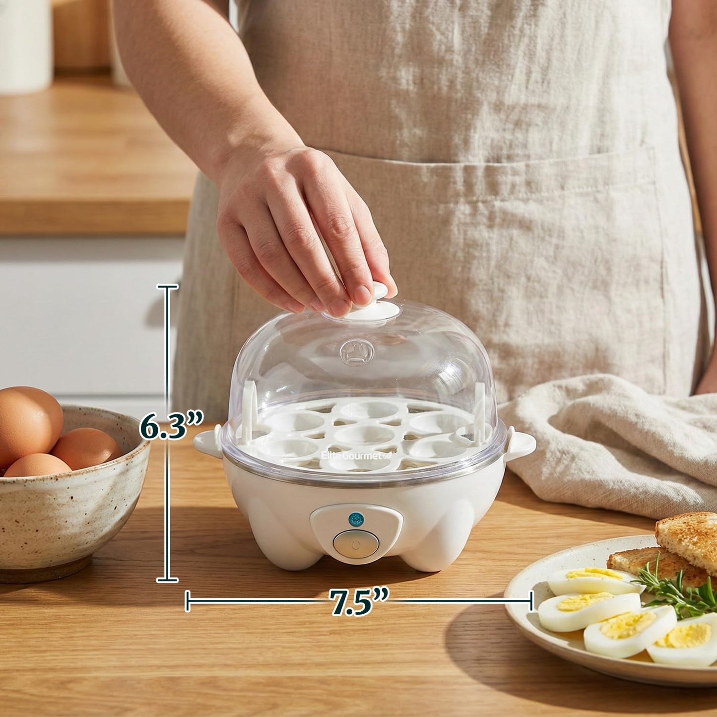 Elite Gourmet EGC-007## Rapid Egg Cooker, 7 Easy-To-Peel, Hard, Medium, Soft Boiled Eggs, Poacher, Omelet Maker, Auto Shut-Off, Alarm, 16-Recipe Booklet, White