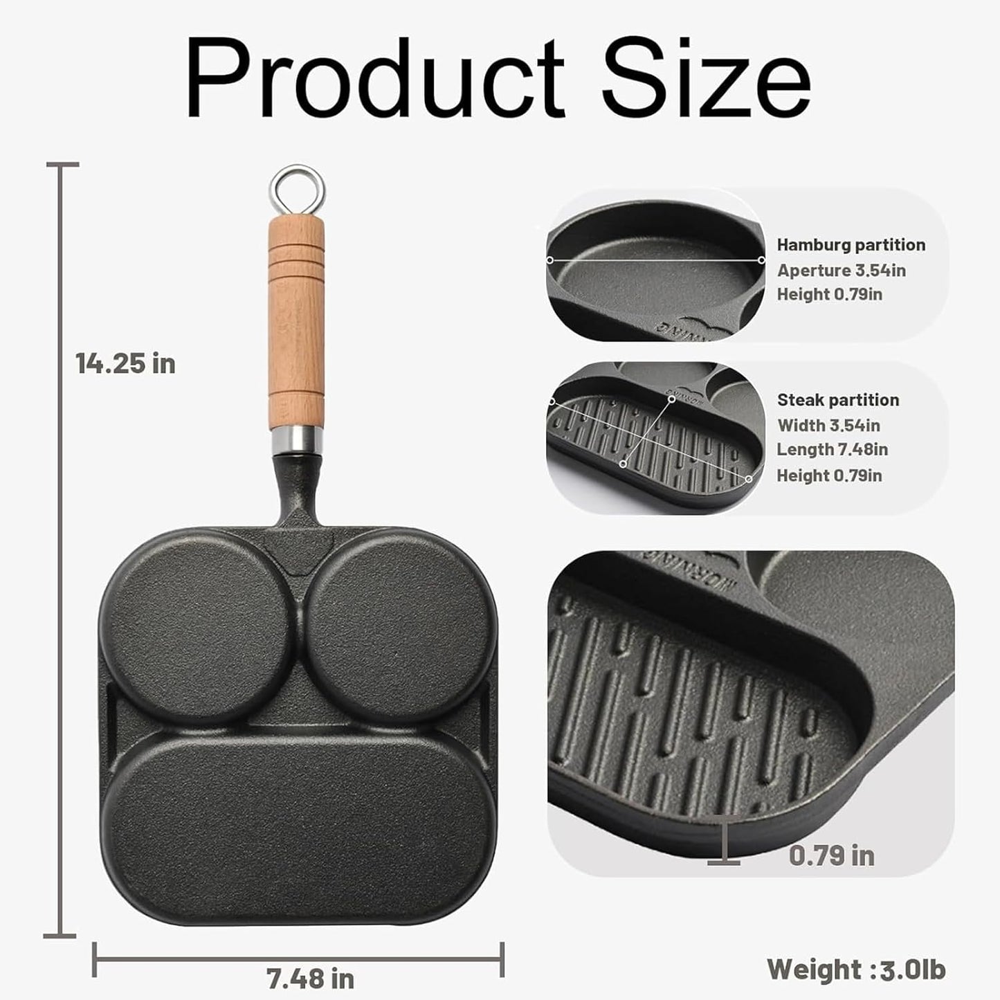 Egg Pan Omelette Pan, 3 Section Square Divided Breakfast Grill Pan with Solid Wood Handle, Nonstick Frying Pan for