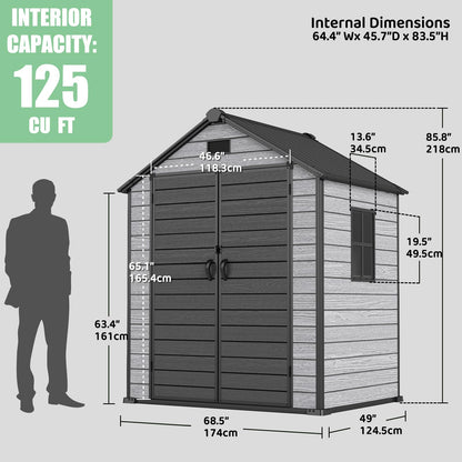 EHHLY Outdoor Storage Shed 6x4.4 FT, Resin Shed with Floor, Window & Vents, Waterproof Plastic Shed with Lockable Door for Backyard, Patio, Lawn, Gray