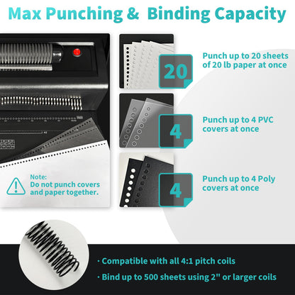 Binditek Spiral Binding Machine, Manual Punch & Electric Coil Inserter, 46 Disengageable Dies, Adjustable Side Margin, with 100 Pack 8Mil PVC Covers, 100 Pack 5/16'' Coils and Plier