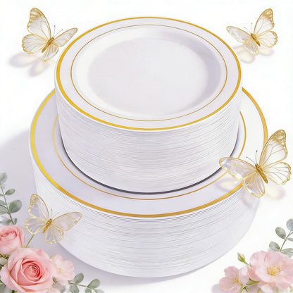 WDF 120 pieces Gold Disposable Plastic Plates - White and Gold Plates Include 10.25" Dinner Plate & 7.5" Salad Plate for Mother's Day Party Baby Shower Wedding Spring