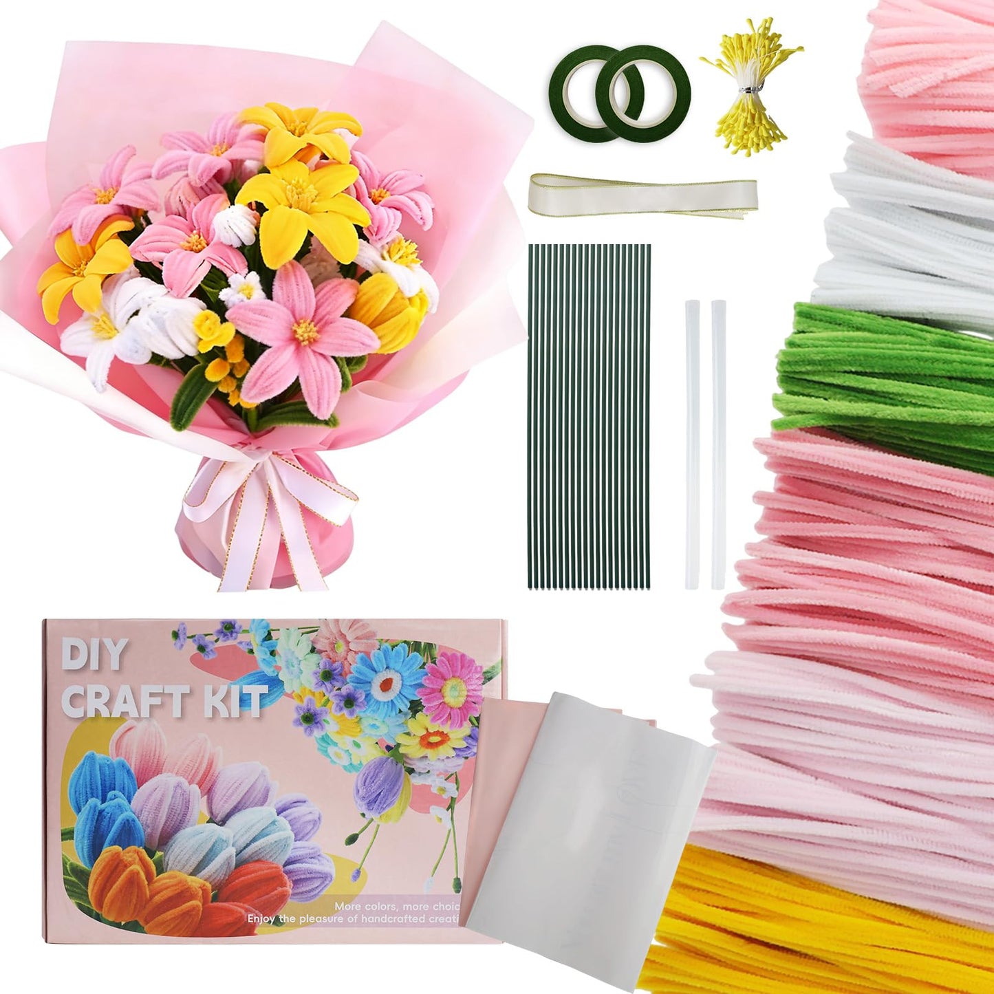 500PCS Pipe Cleaner Flower Kit,Bulk Pipe Cleaners Craft,Chenille Stems with Wrapping Paper for Mother's Day Graduation Birthday Wedding