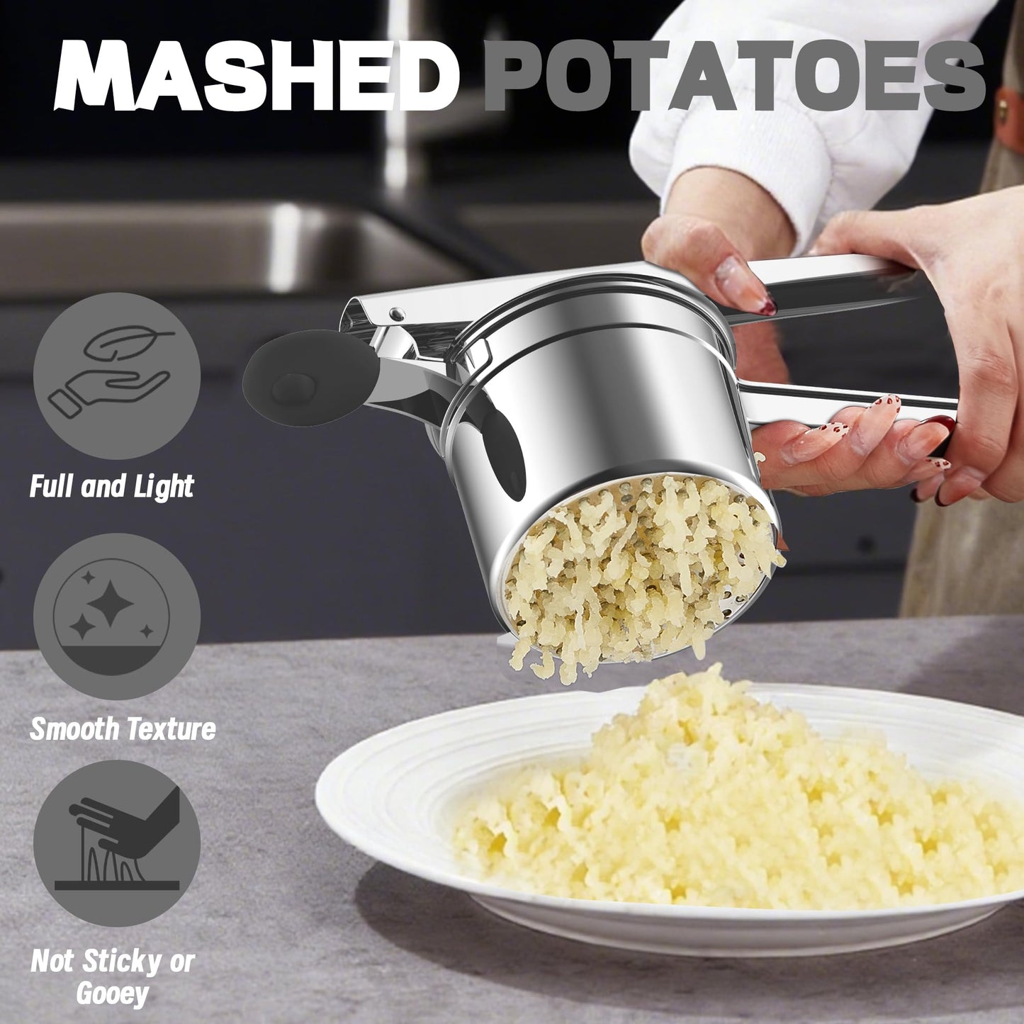 Minteem Large 15oz Potato Ricer for Mashed Potatoes, Heavy Duty 18/8 Stainless Steel Potato Masher for Baby Food & Spaetzle Maker, Masher and Ricer Kitchen Tool, Press and Mash Kitchen Gadget, Black