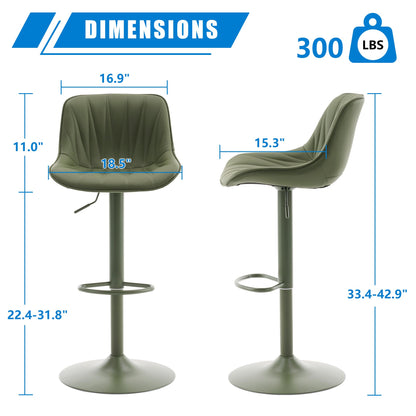 YOUNIKE Bar Stools Set of 2, Faux Leather Padded Bar Stool Counter Height Swivel Bar Chairs, Modern Adjustable Barstools with Back for Kitchen Island, Full Pea Green Same-Color Base