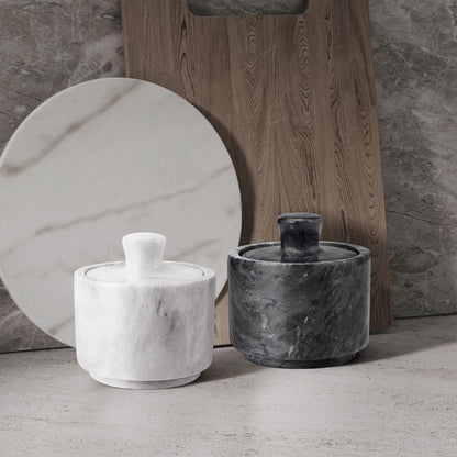 Flexzion Marble Salt Cellar with Lid - Salt and Pepper Bowls Dish Container for Kitchen - Marble Pepper Jar Storage Box Holder for Paprika, Herbs, Sugar, Jewelry & Watches (Set of 2, Black & White)