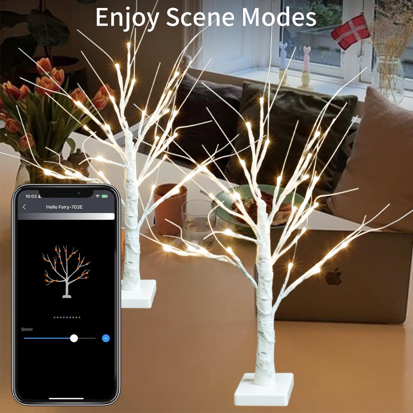 2FT 18 Dimmable, 2 Pack Smart Birch Tree with LED Lights, Bluetooth App Controlled, Modes, Timer, Music Sync, Warm