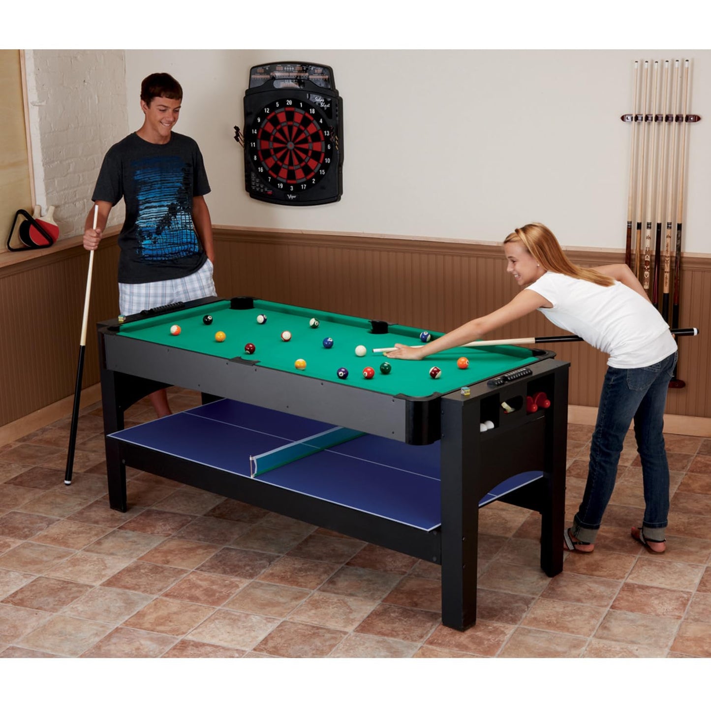 Fat Cat 3-in-1 6 Foot Flip Multi Game Table, Air Hockey Table, Pool Table, and Table Tennis Combo with 110V Motor, Includes Accessories