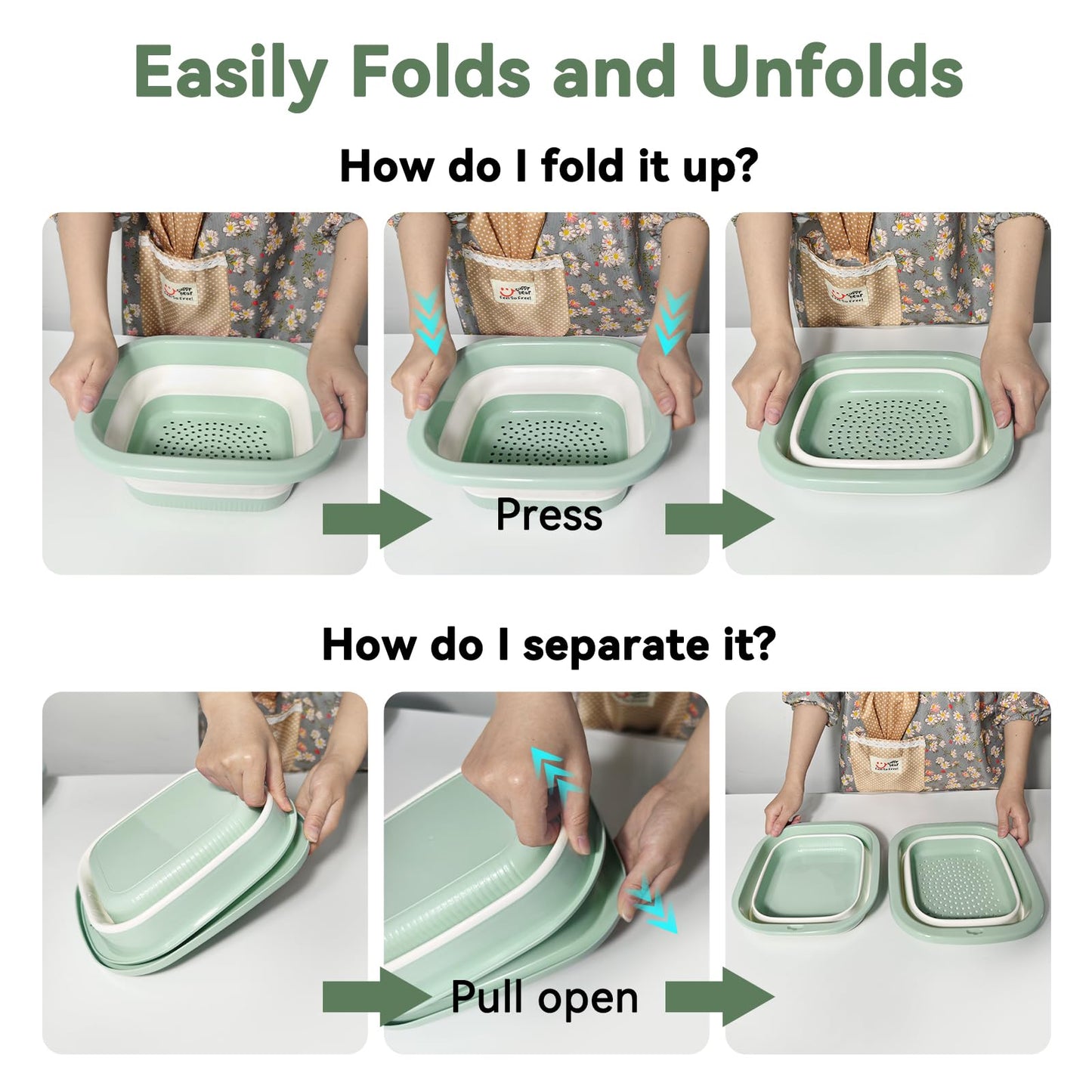 Monbalcon Collapsible Colander and Sink Basin Set - 2 in 1 Collapsible Colander Strainer with Collapsible Wash Basin for Kitchen, RV Camping, Foldable Fruit Vegetable Washing Basket, 8 QT, Blue