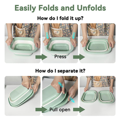 Monbalcon Collapsible Colander and Sink Basin Set - 2 in 1 Collapsible Colander Strainer with Collapsible Wash Basin for Kitchen, RV Camping, Foldable Fruit Vegetable Washing Basket, 8 QT, Blue