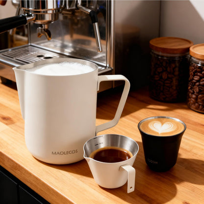 MAOLECOS Milk Frothing Pitcher - 20 OZ Metal Milk Frother Pitcher Jug Stainless Steel Steaming Pitcher, Espresso Measuring Cups with Handle Scale, Stainless Steel Espresso Cups Kit for Coffee maker