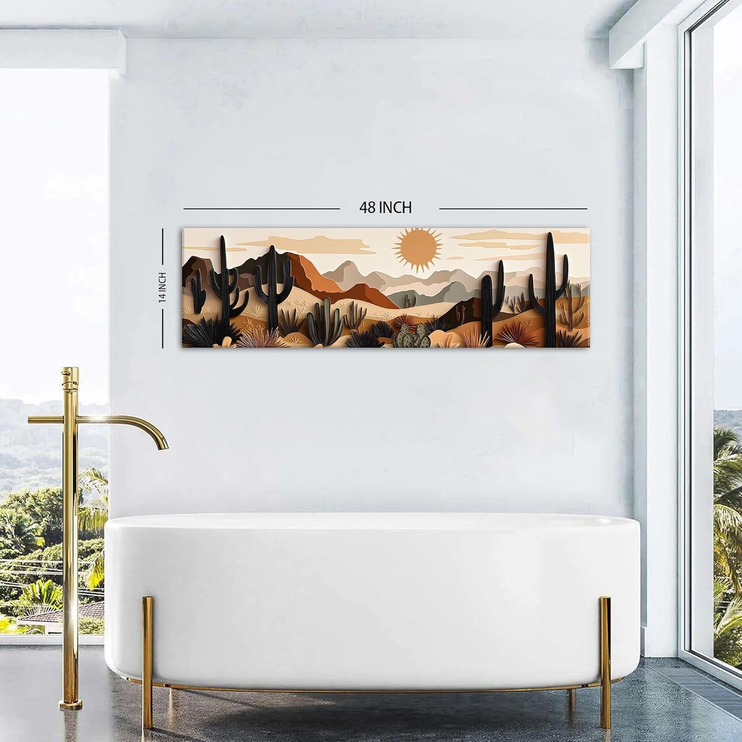 14x48" Boho Cactus Wall Art Mid Century Modern Wall Decor for Living Room Beige Geometric Minimalist Picture Abstract