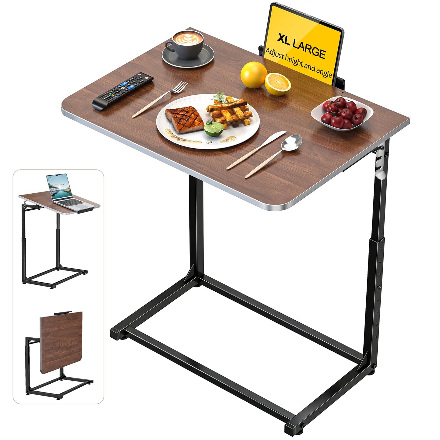 MLZLLL Tv Tray Table,Extra Large Dinner Food Tray Table,Couch & Bed Eating Desk,Heavy Duty Folding Laptop Side Table with 8Height&90° Tilt Adjustable,C-Shaped End Table with Phone/Tablet Slot Walnut