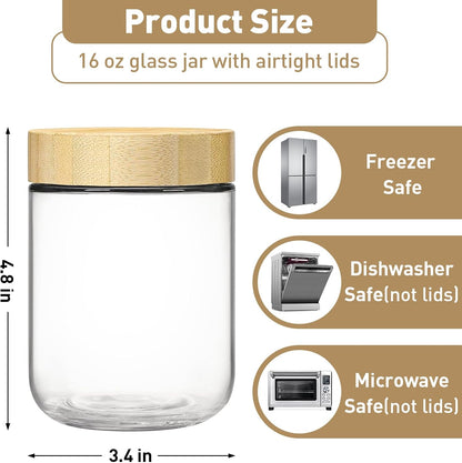 16oz 4 Pack,Overnight Overnight Oats jars Oats Containers with Bamboo Lids for Meal Prep,Wide mouth Mason Glass Salad