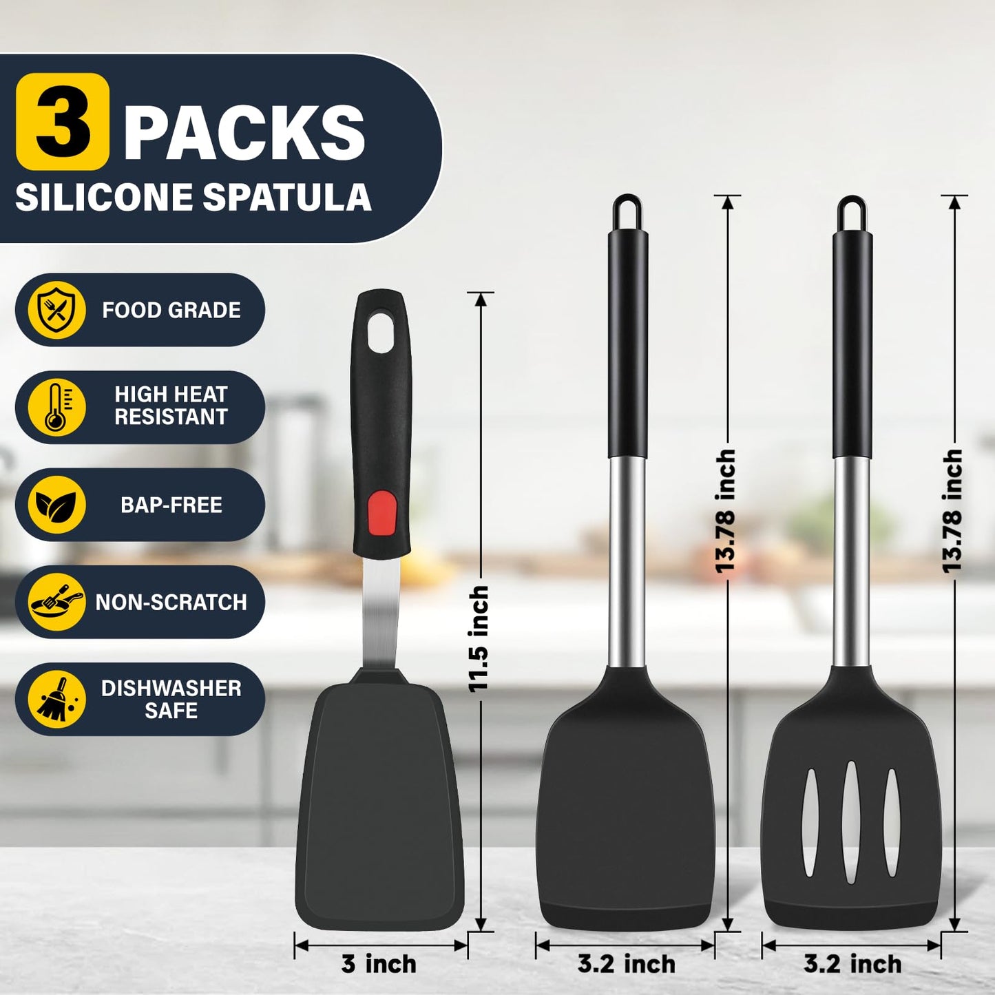 3 Pcs Silicone Spatula Set, Heat Resistant Solid & Slotted Turner for Non-Stick Pans, Silicone Cooking Utensils Set, BPA-Free, Flexible Spatula Turner for Flipping Eggs, Burgers, Pancakes, Black