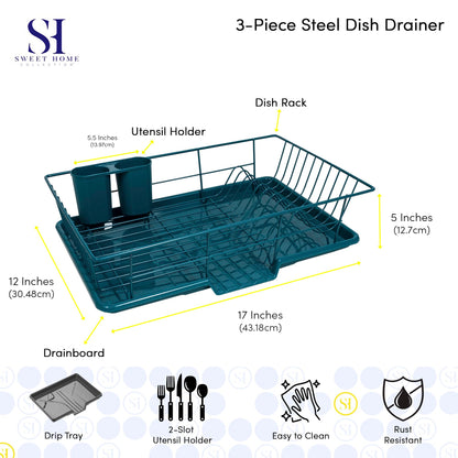 Space-Saving 3-Piece Dish Drainer Rack Set ✅ Efficient Kitchen Organizer for Quick Drying and Storage ✅ Includes Cutlery Holder and Drainboard ✅ Maximize Countertop Space, Blue/Green Teal