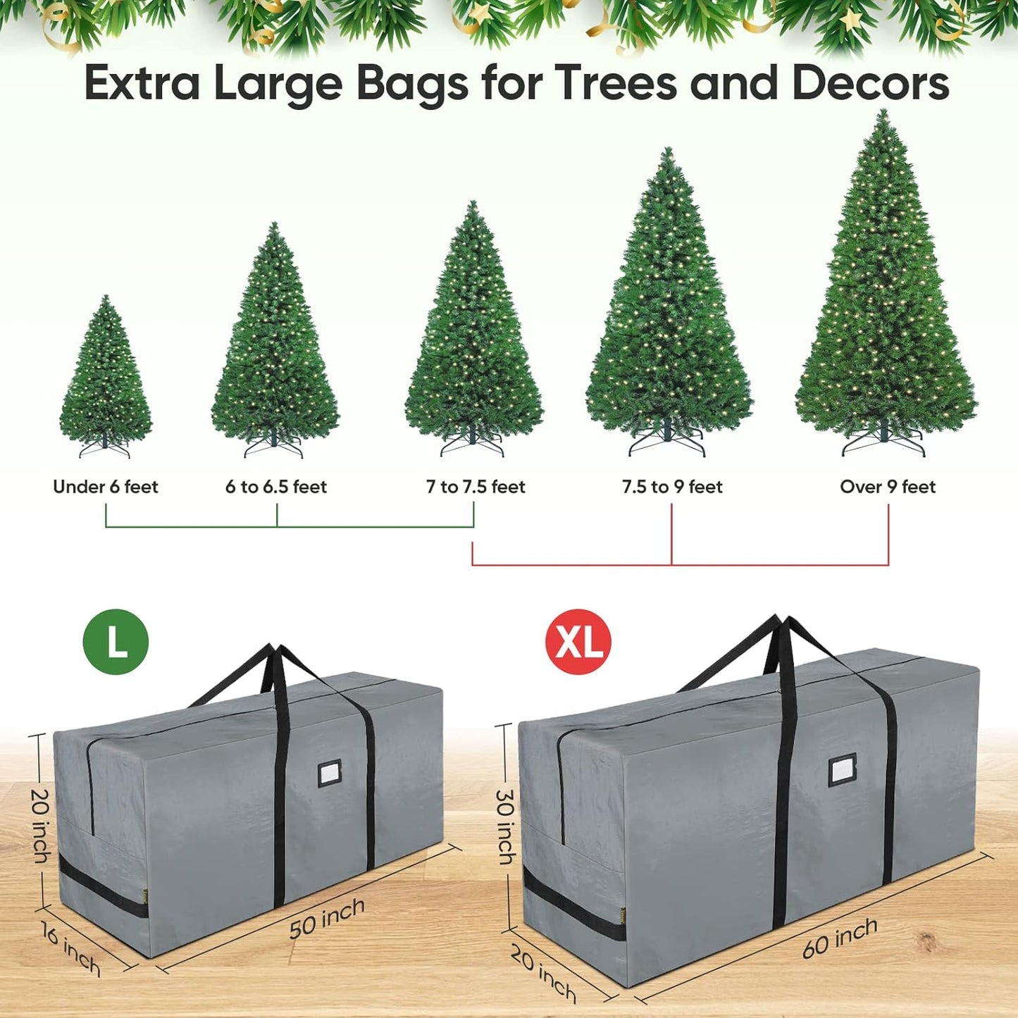 BALEINE Christmas Tree Storage Bag - Heavy Duty Extra Large with Reinforced Handles & Dual Zippers | Gray, 7.5 ft