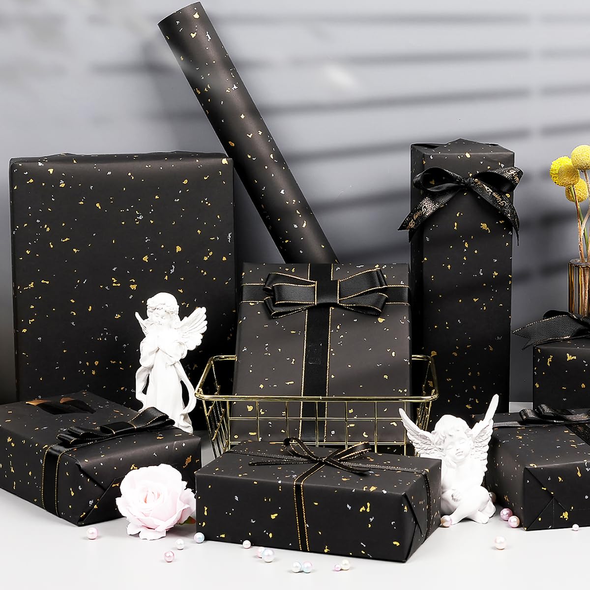 Black Wrapping Paper Roll - 17Inch×33Feet, Black and Gold Foil Wrapping Paper, Matte Kraft Gift Wrap Paper with Silver and Gold Foil Flake for Birthday Wedding Baby Shower Christmas Holiday All Occasions