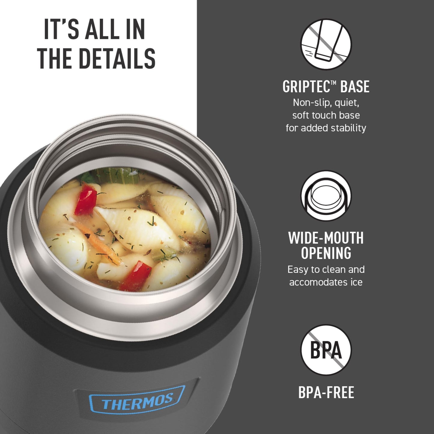 THERMOS ICON Stainless Steel Food Jar with Spoon, 12 Ounce, Black