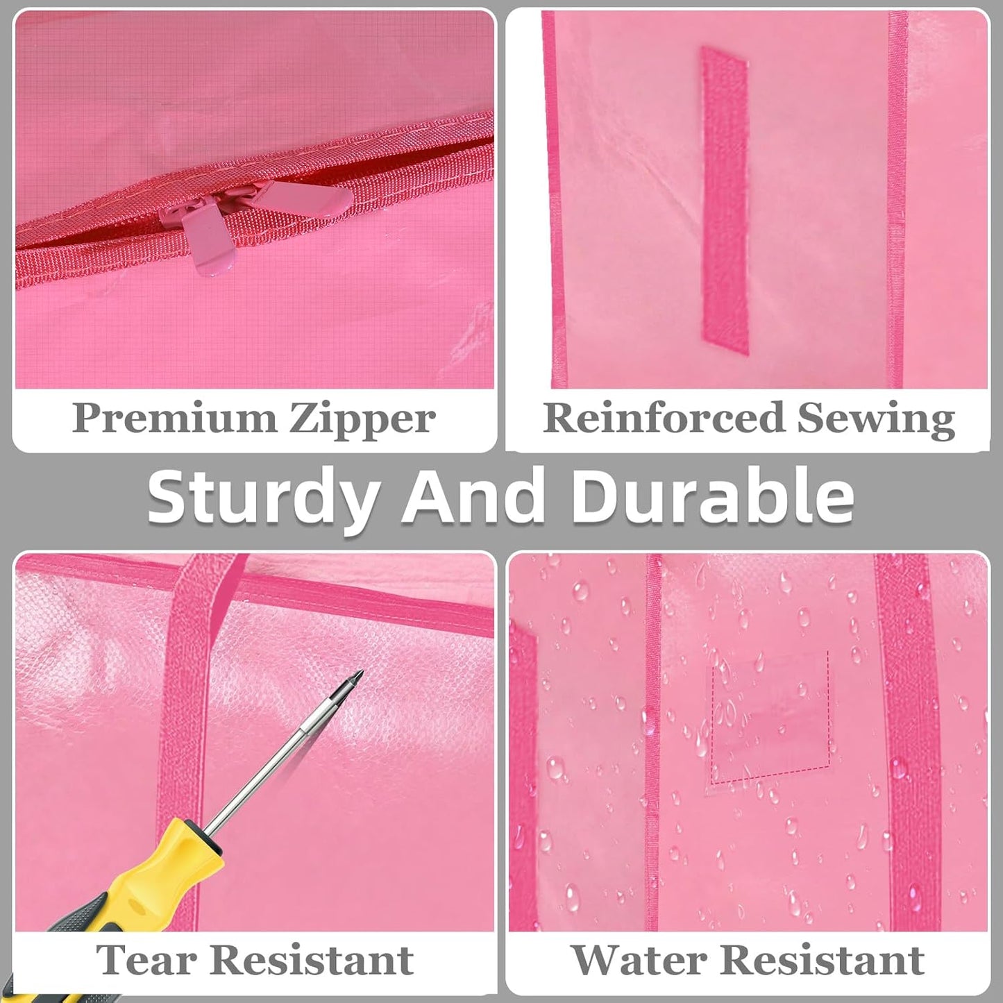 Skiennix Extra Large Heavy Duty Moving Bags - Waterproof Storage Totes with Zippers & Handles | 8 Pack (Pink)