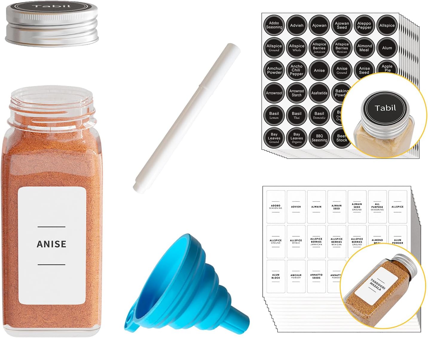 24 4oz SpaceAid Pcs Spice Jars with Labels, Empty Glass Spice Bottles, Minimalist Farmhouse Spice Labels Stickers
