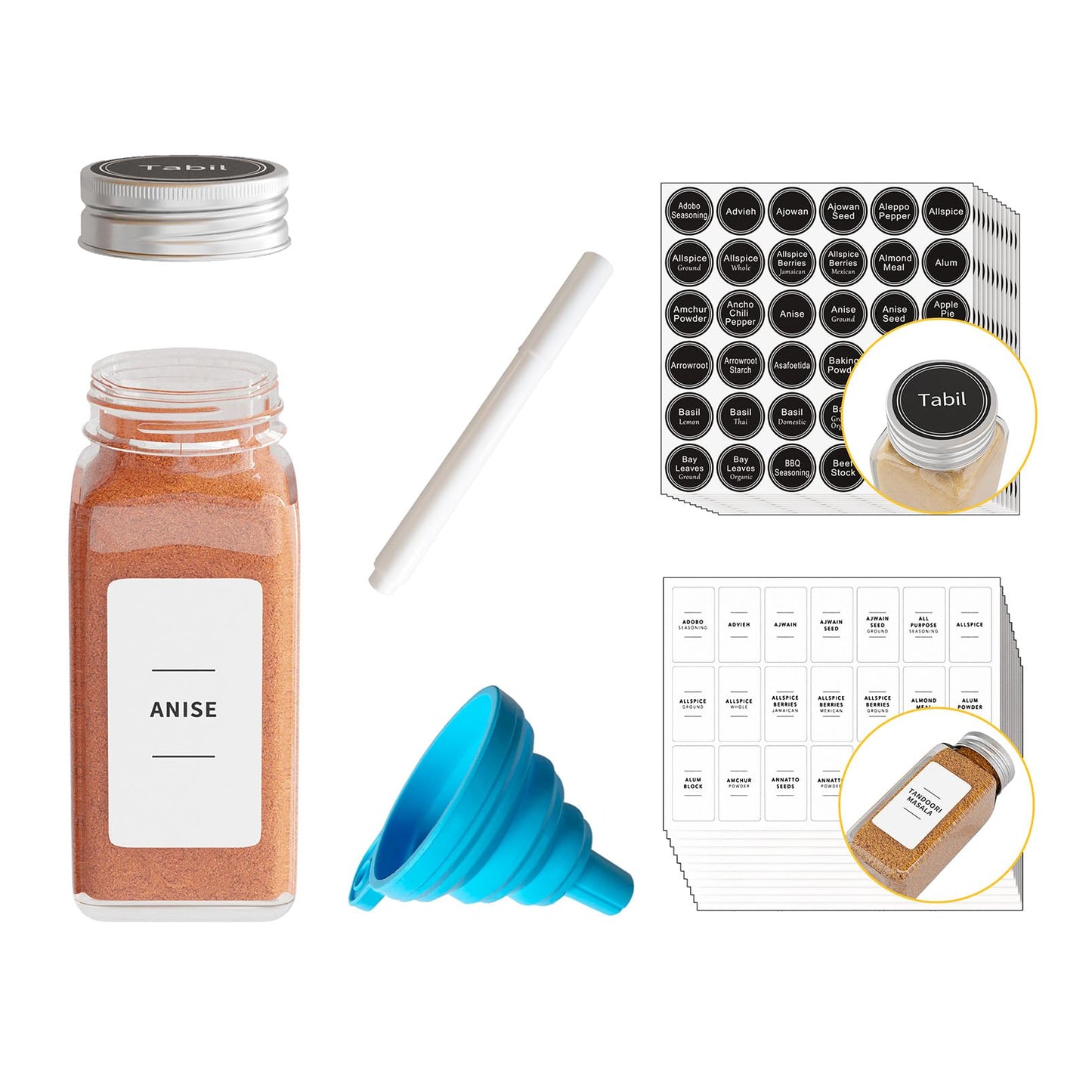 SpaceAid 24 Pcs Spice Jars with Labels, Empty 4oz Glass Spice Bottles, Minimalist Farmhouse Spice Labels Stickers with Funnel, Seasoning Containers for Spice Rack, Cabinet and Drawer