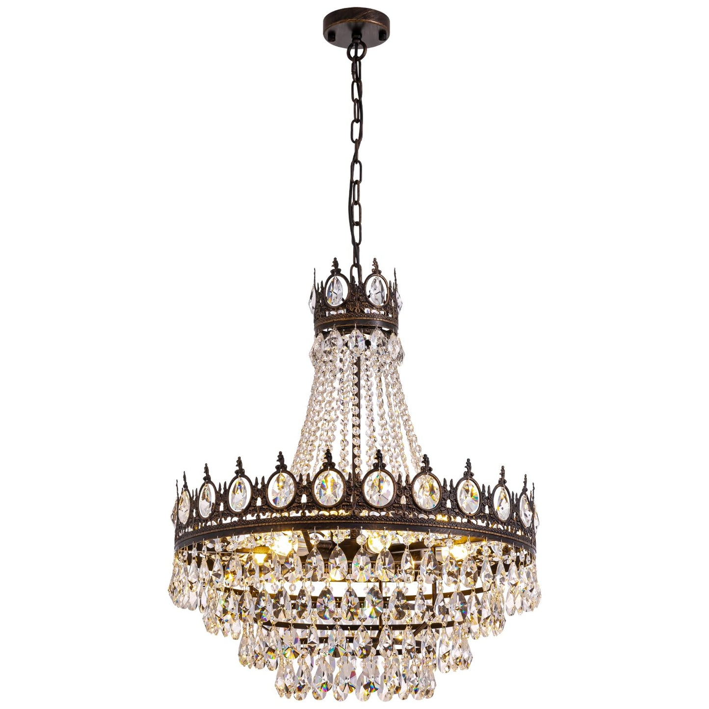 7PM French Empire Crystal Chandeliers, Vintage Crystal Chandelier, Antique Bronze Chandelier, Rustic Farmhouse Ceiling Light Fixture for Dining Room Bedroom Living Room Kitchen Foyer, W 24"