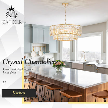 CATINER 24'' Modern Crystal Chandelier 8-Lights Luxury Gold Semi Flush Mount Ceiling Light Fixtures Round Crystal Pendant Chandelier for Living Room Dining Room Foyer Bedroom Kitchen
