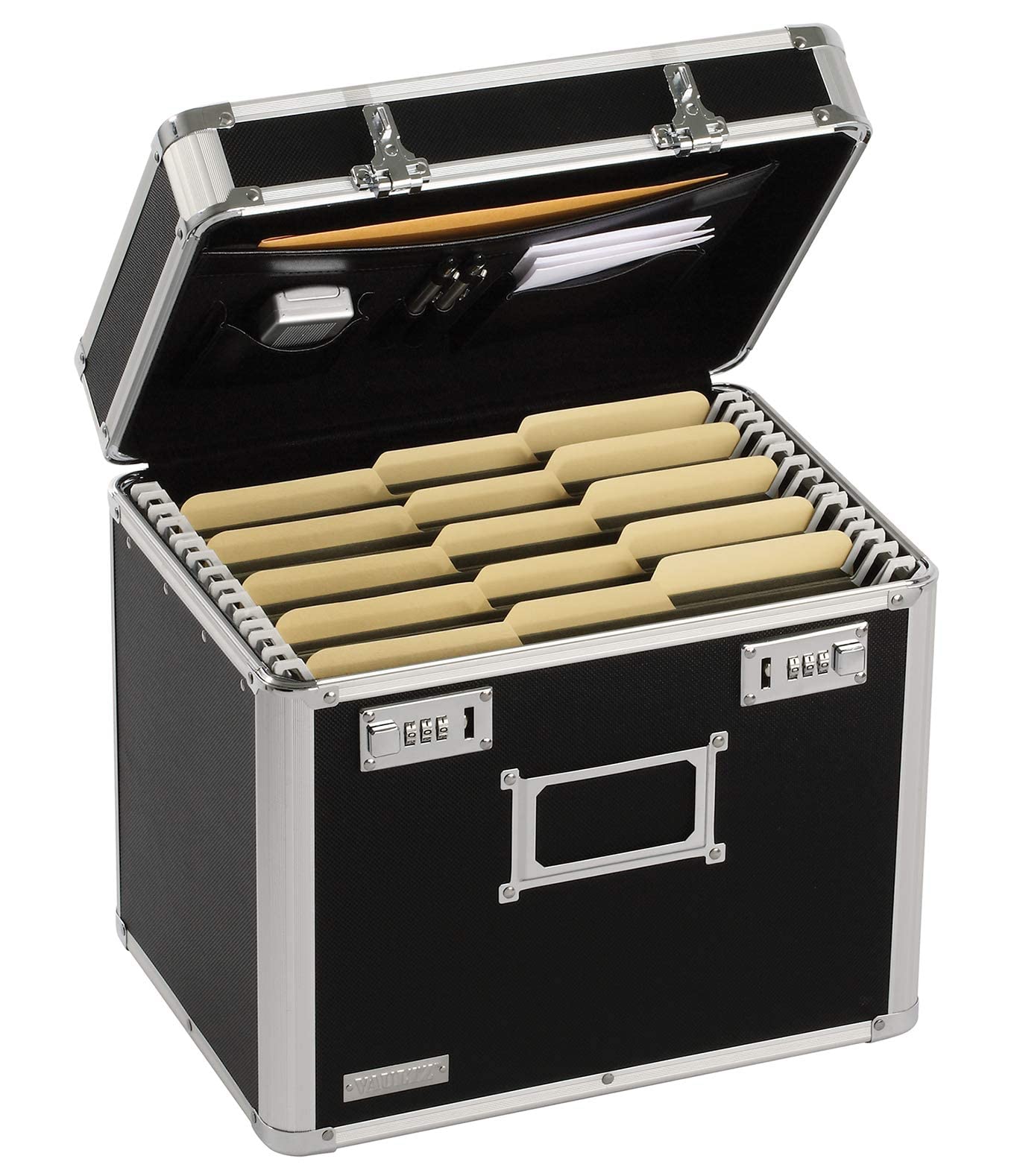 Vaultz Locking File Organizer Box - 13.5 x 13.25 x 10.5 Inch Large, Portable Locking Storage Box for Filing Letters & Documents w/Combination Lock, Black