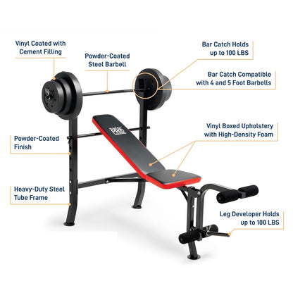 Marcy Pro Standard Weight Bench with 100 lbs Vinyl-Coated Weight Set PM-2084, Flat