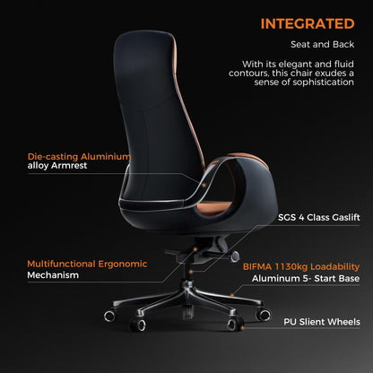 TOMU Top Grain Genuine Leather Executive Office Chair Brown, Luxury Office Chair with Aluminum Sturdy Base, High Back Ergonomic Boss Chair for Long Hours, Reclining and Rolling smoothly, (Brown)