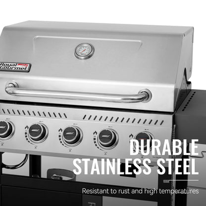Royal Gourmet GA5406TS 5 Burner Propane Gas Grill with Side Burner and Sear Burner, Cart Style Gas BBQ Grill with Porcelain-Enameled Cast Iron Grates for Backyard Cooking, Silver & Black