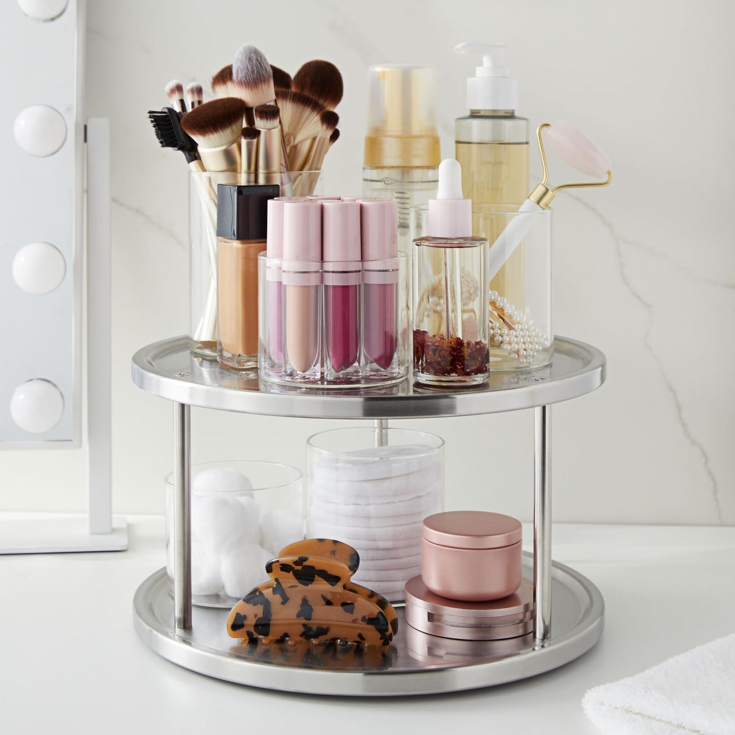 Juvale 2-Tier Lazy Susan Spice Rack Organizer for Cabinet - 10.5 in, Stainless Steel - Kitchen Countertop Organizer & Spice Carousel for Pantry Organization