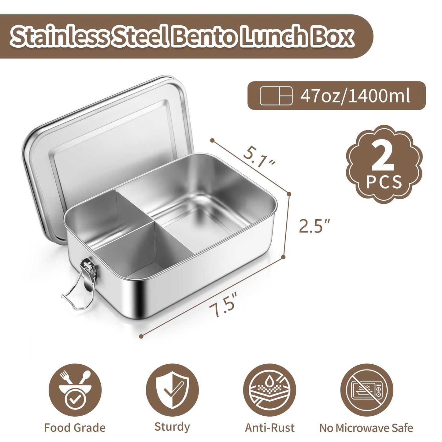 TeamFar 2 Pack Stainless Steel Bento Box, 47oz Metal Lunch Box with 3 Compartments for Adults/Kids, Lunch Food Containers for School/Work/Meal Prep, Leak-Proof & Dishwasher Safe, 1400ML