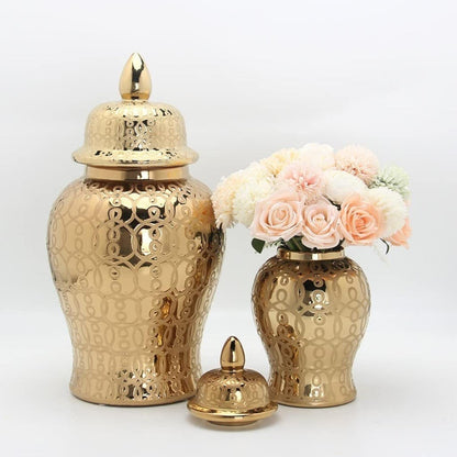 AJJBSS Tea Tin Gold Ginger Jars for Home Decor, Handcrafted and Hand Painted Decorative Ceramic Jar Vase with Lid，Carved Patterned Temple Jar (Size : Large)
