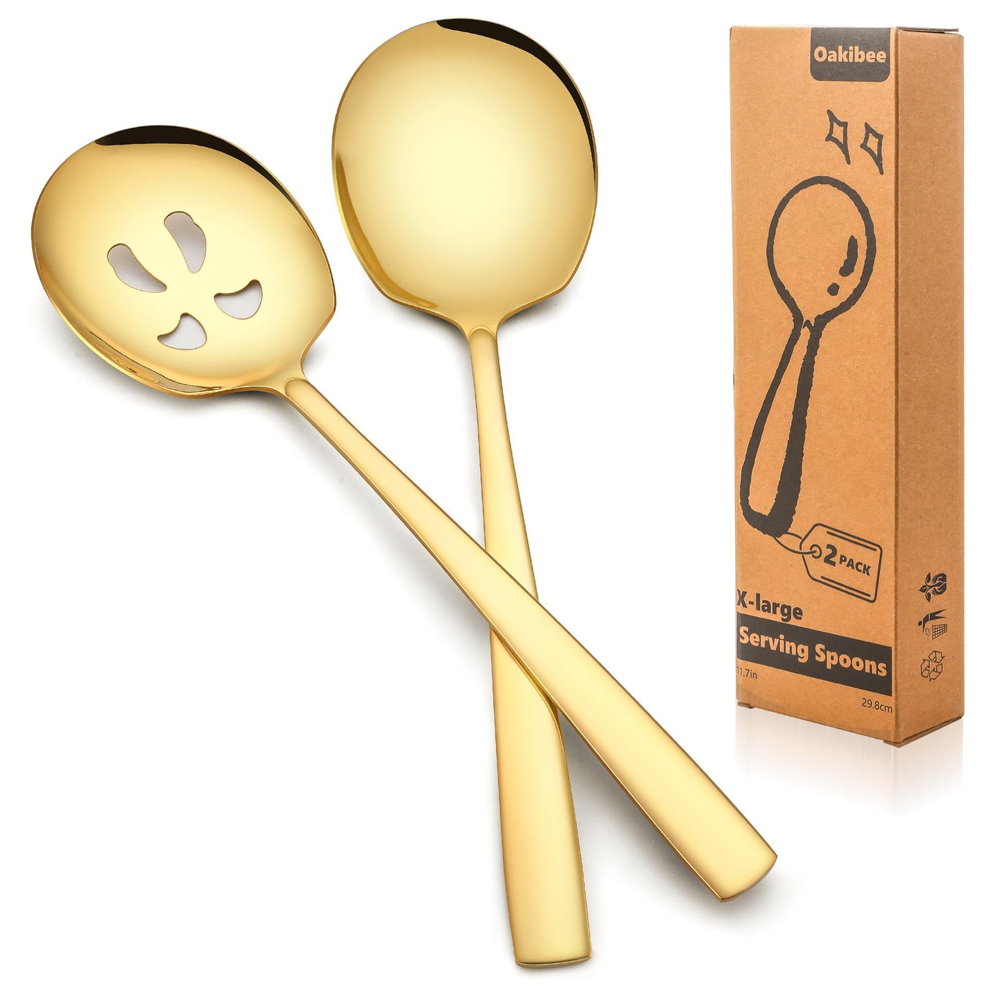 Extra Large Serving Spoons Set 11.7-Inch Gold Serving Slotted Spoon and Serving Spoon 18/8 Stainless Steel Big Serving Utensil for Buffet, Parties, Catering - Dishwasher Safe(2-Pack, Gold)