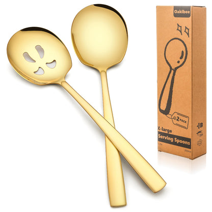 Extra Large Serving Spoons Set 11.7-Inch Gold Serving Slotted Spoon and Serving Spoon 18/8 Stainless Steel Big Serving Utensil for Buffet, Parties, Catering - Dishwasher Safe(2-Pack, Gold)