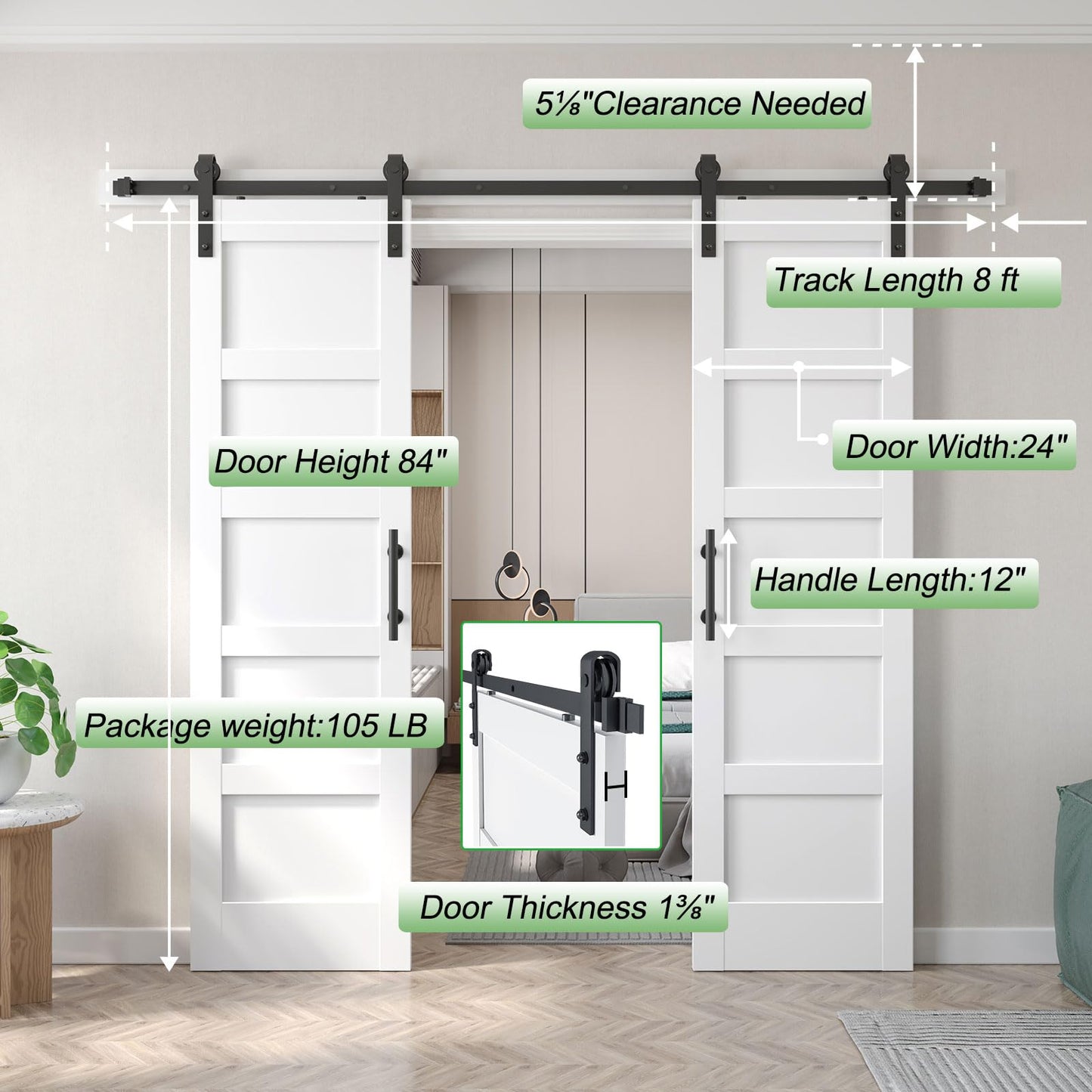 Fredbeck Double 24x84 inch White Barn Door with 8FT Barn Door Hardware Kit Included,with MDF and Wood,DIY Assembly,5-Panel,48inch barn Door,Fit 45in-47in Opening