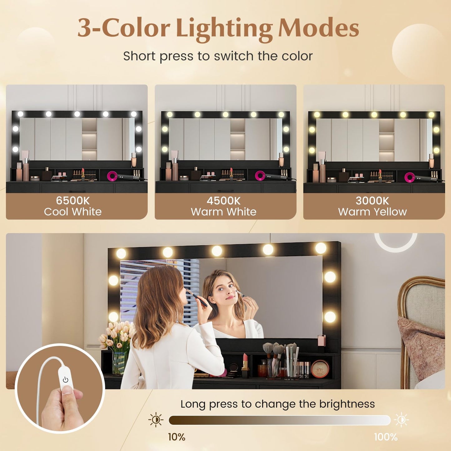 CHARMAID Vanity Desk with Mirror and Lights, Charging Station & Storage Stool, Makeup Vanity Table with 7 Drawers, 3 Open Cubbies, 46.5" Large Modern Dressing Table with Chair for Bedroom, Black