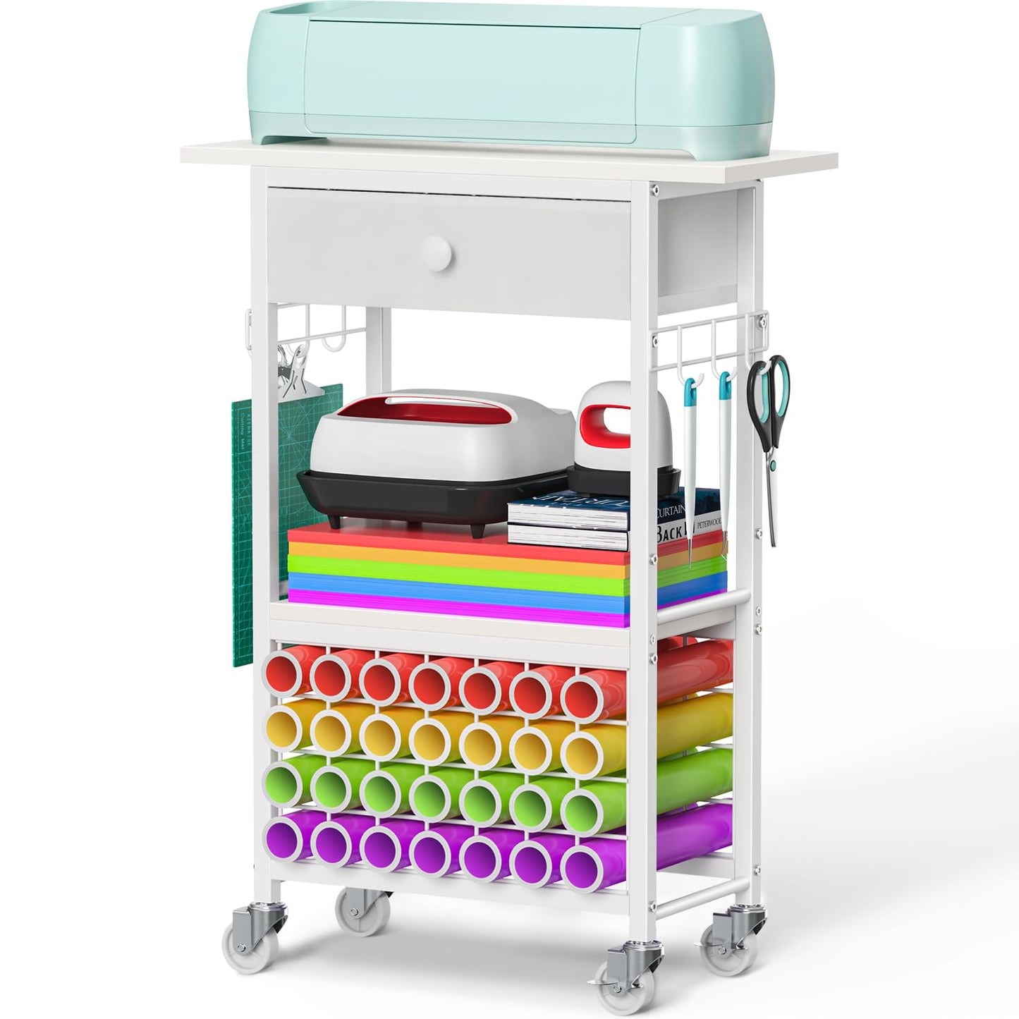 Snughome Craft Cart Compatible with Cricut Maker, Craft Organizers and Storage Table for Cricut Cart with Wheels, Drawer and 28 Vinyl Roll Holders, White, 23.6"(L) x 9.5"(D) x 31.7"(H)