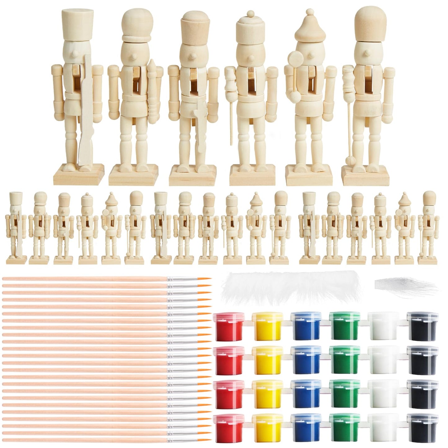 CUKBLESS 72 PCS Christmas Wooden Nutcracker to Paint Kit,24-Pack of 5 Inch Unpainted Nutcracker Figures with Beards,Hair,Brushes & Paint for DIY Craft Ornaments