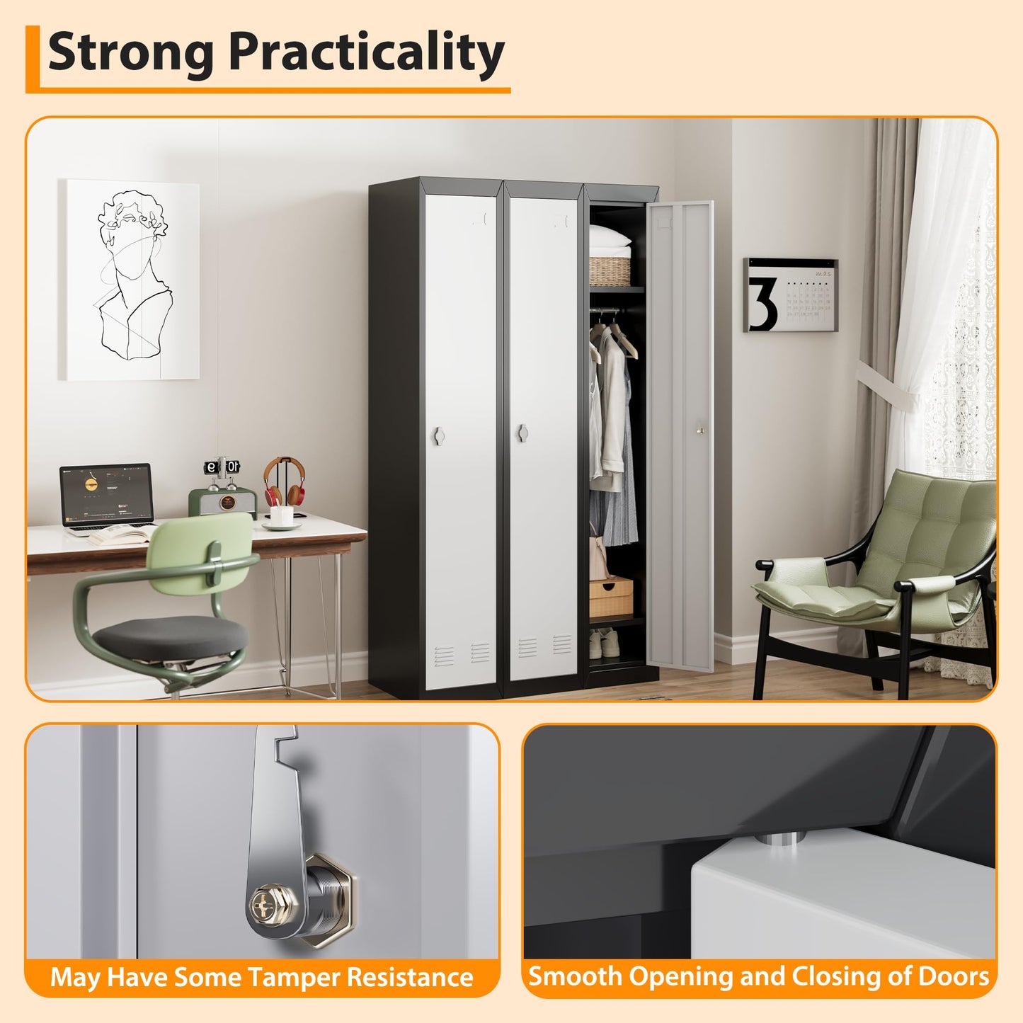 Metal Storage Locker with Doors, Lockers Featuring Shelves, Ideal for Employees and Students, Suitable for Schools, Garages, Offices, Gyms, Homes, and Warehouses, Requires Assembly, Grey and Black