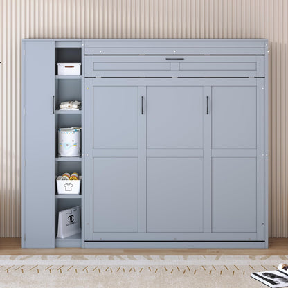 Ball & Cast Murphy Bed Queen Size Wall Chest with Shelves and 4 Drawers,Wood Hideaway Cabinet Platform Bedframe w/LED Lights,can be Folded,Space-Saving,for Small Room,Dorms,Gray