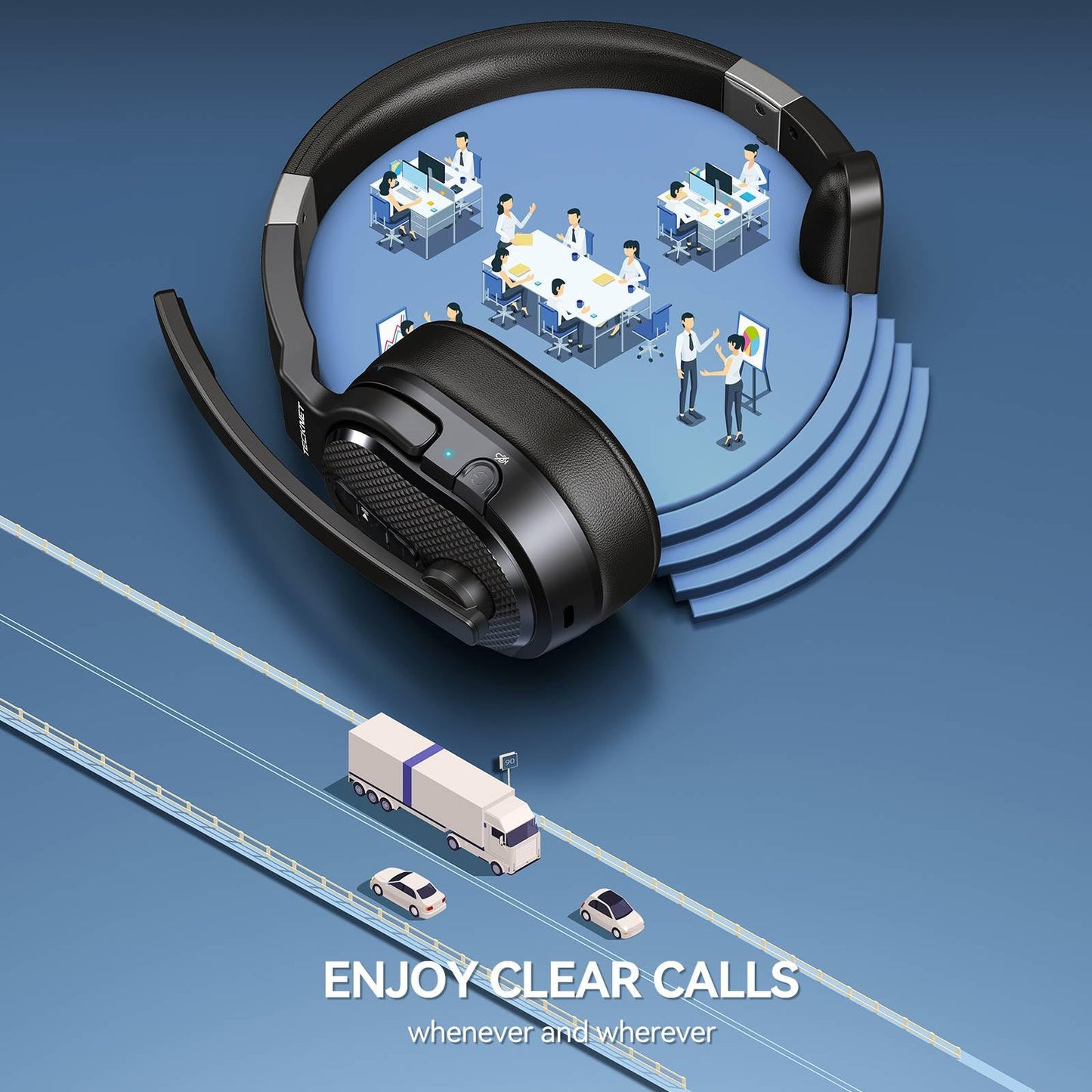 TECKNET Trucker Bluetooth Headset, Stable V5.2 & USB Dongle Connection, 70h Wireless Bluetooth Headsets with Mic and Mute, ENC Noise Canceling, Headset for Truck Drivers, Cell Phone, PC Comfort Office