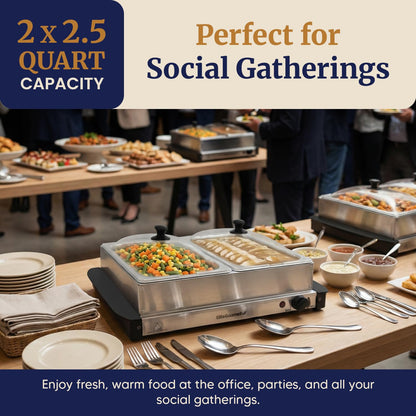 Elite Gourmet EWM-6122 Dual 2 x 2.5 Qt. Trays, Buffet Server, Food Warmer Temperature Control, Clear Slotted Lids, Perfect for Parties, Entertaining & Holidays, 5 Qt Total, Stainless Steel