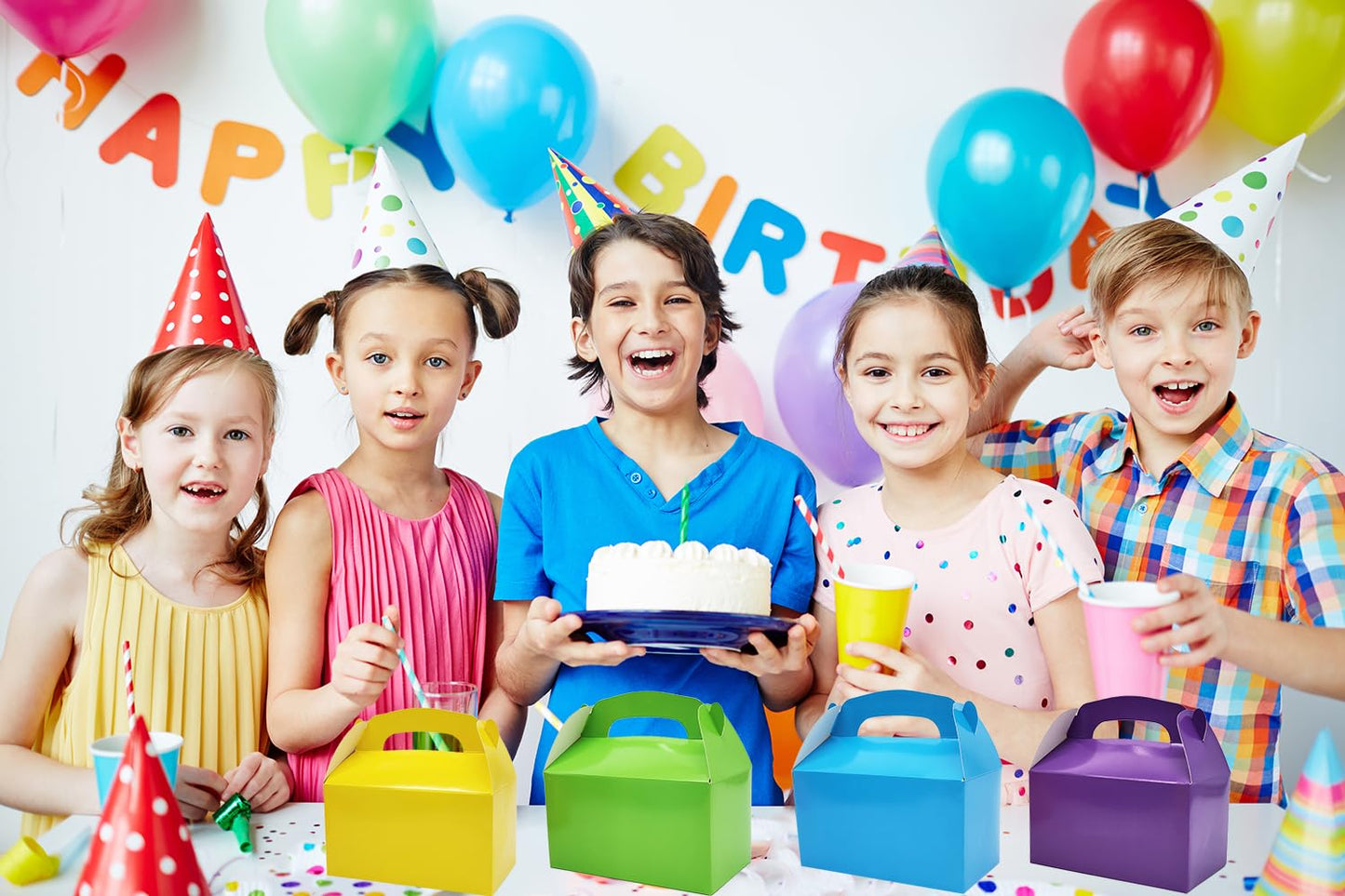 The Dreidel Company Gable Treat Boxes, (24-Pack) Party Favor Boxes for Kids Birthday, Candy Boxes Party Favors, Weddings Events, Baby Shower, 6.25" x 3.5" x 3.5" Inch Box (Multi-Color Treat Box)