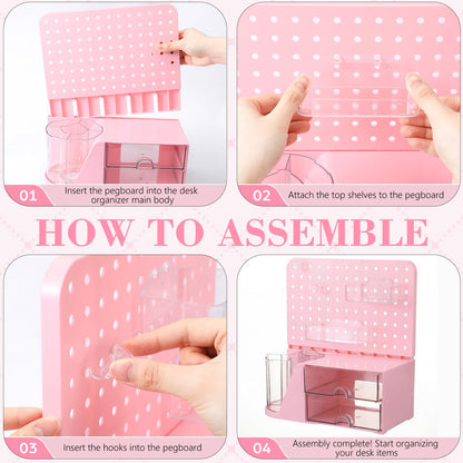 Novabright Desk Organizer with 2 Drawers, Rotating Pen Holder with 5 Slots & Pegboard, Back to School & End of School Year Gifts, Multifunctional Desktop Storage for Desk Home Office Supplies(Pink)
