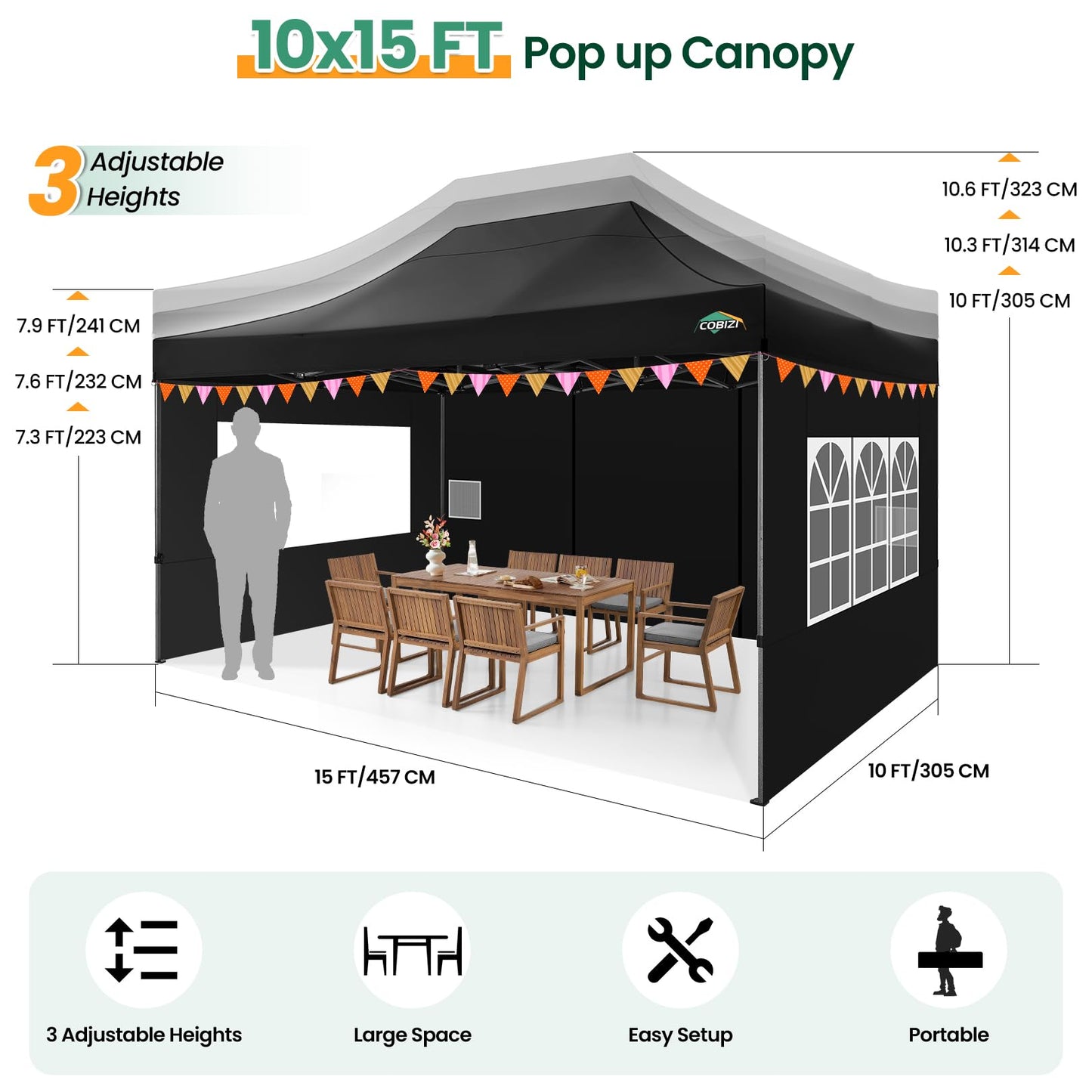 COBIZI 10x15 Heavy Duty Pop up Canopy Tent with 4 sidewalls Commercial Outdoor Canopy Wedding Party Tents for Wedding All Season Wind & Waterproof Gazebo with Carry Bag, Black(Frame Thickened)