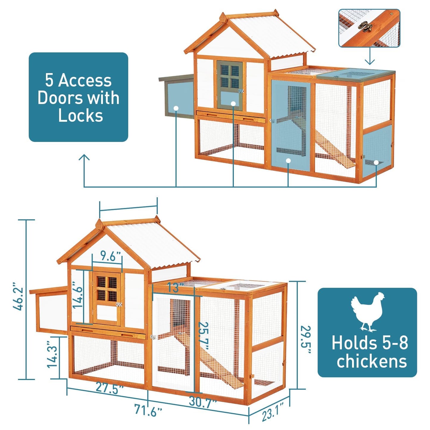 Chicken Coop Hen House Outdoor Poultry Cage with Large Nesting Box, 5 Lockable Doors Wooden Chicken House with Weatherproof Cover for Outdoor Backyard Farm, Orange