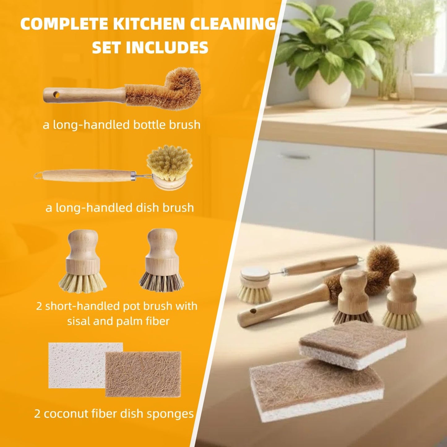 Natural Bamboo Dish Brush Set - 6 PCS Kitchen Cleaning Brush Kit with 4 Utensil Brushes and 2 Coconut Fiber Dish Sponges, for Cleaning Pots, Pans, Dishes, Bottles, Vegetables, and Fruits